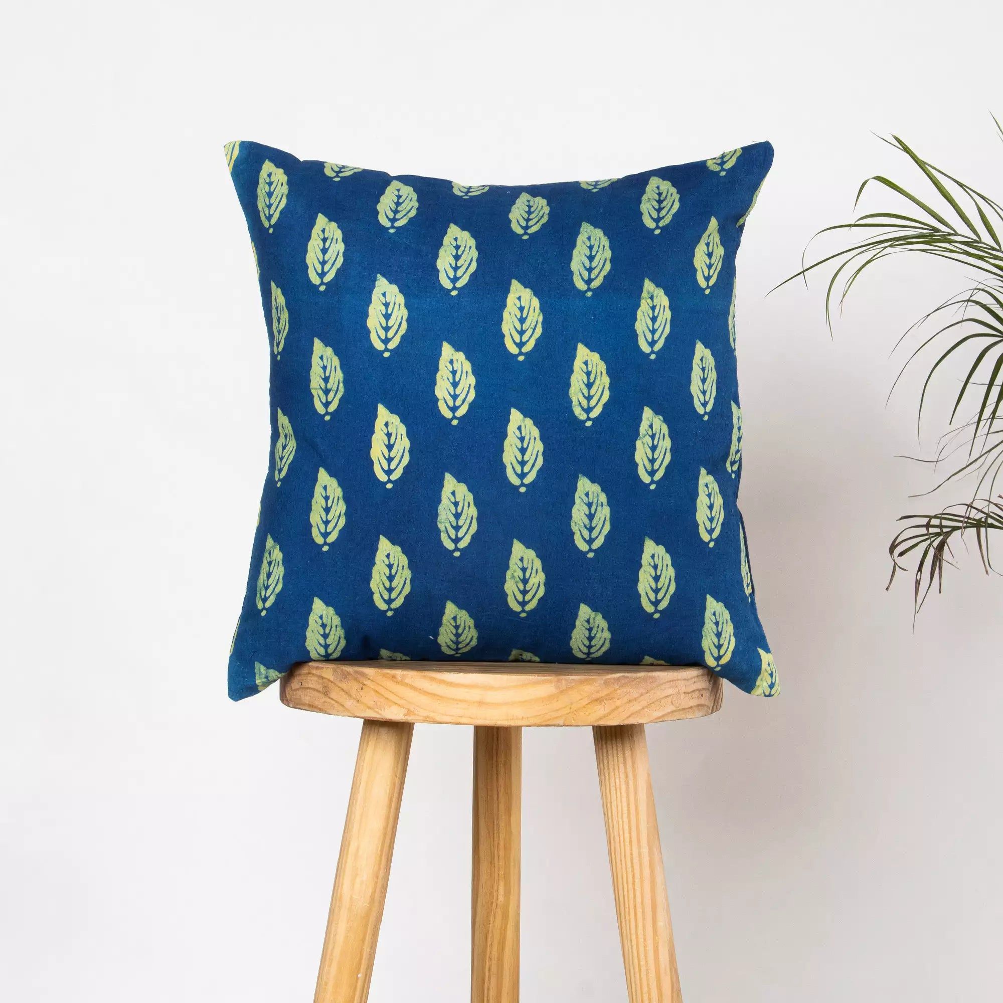 Indigo Green Cotton Leaf Block Print Cushion Covers